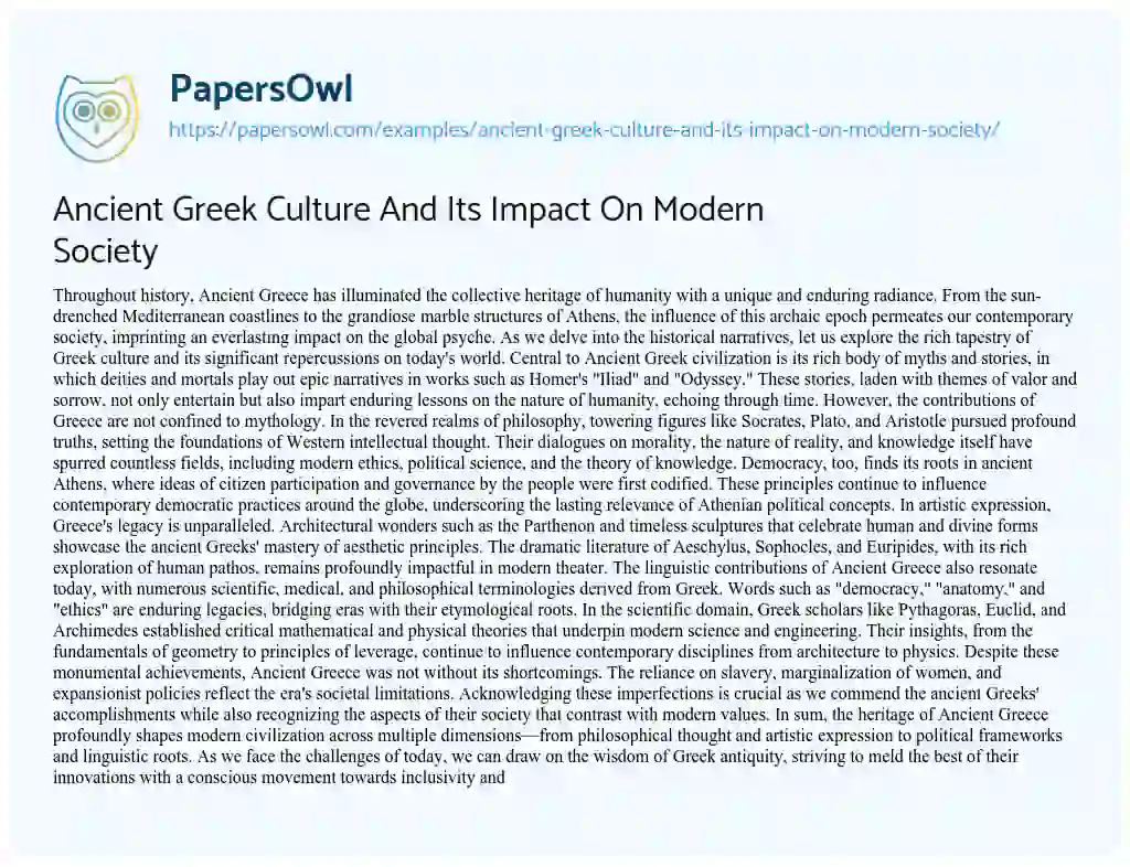 Essay on Ancient Greek Culture and its Impact on Modern Society