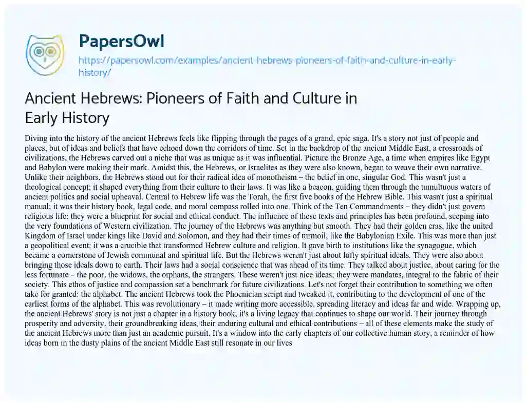 Essay on Ancient Hebrews: Pioneers of Faith and Culture in Early History