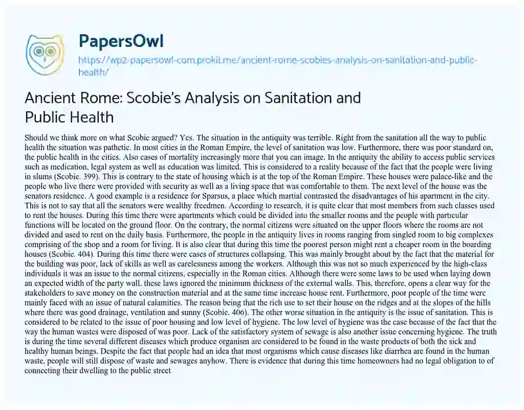 Essay on Ancient Rome: Scobie’s Analysis on Sanitation and Public Health