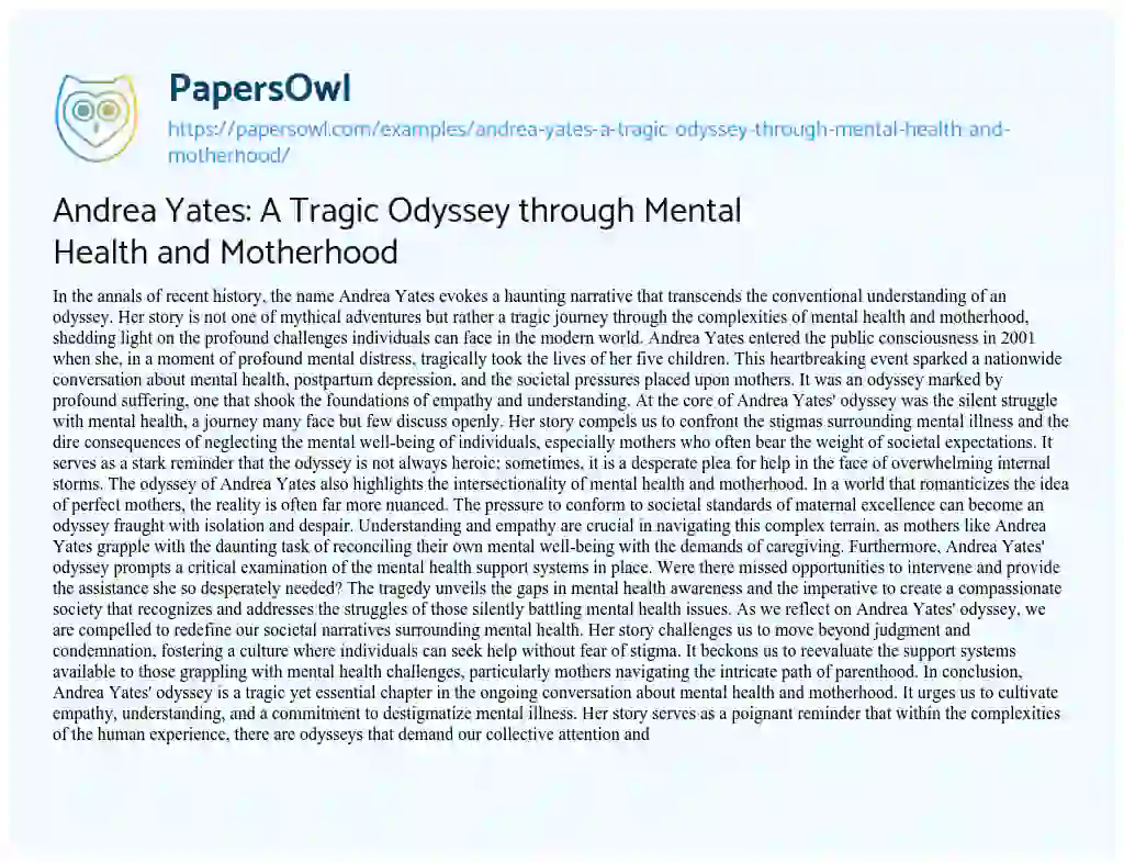 Essay on Andrea Yates: a Tragic Odyssey through Mental Health and Motherhood
