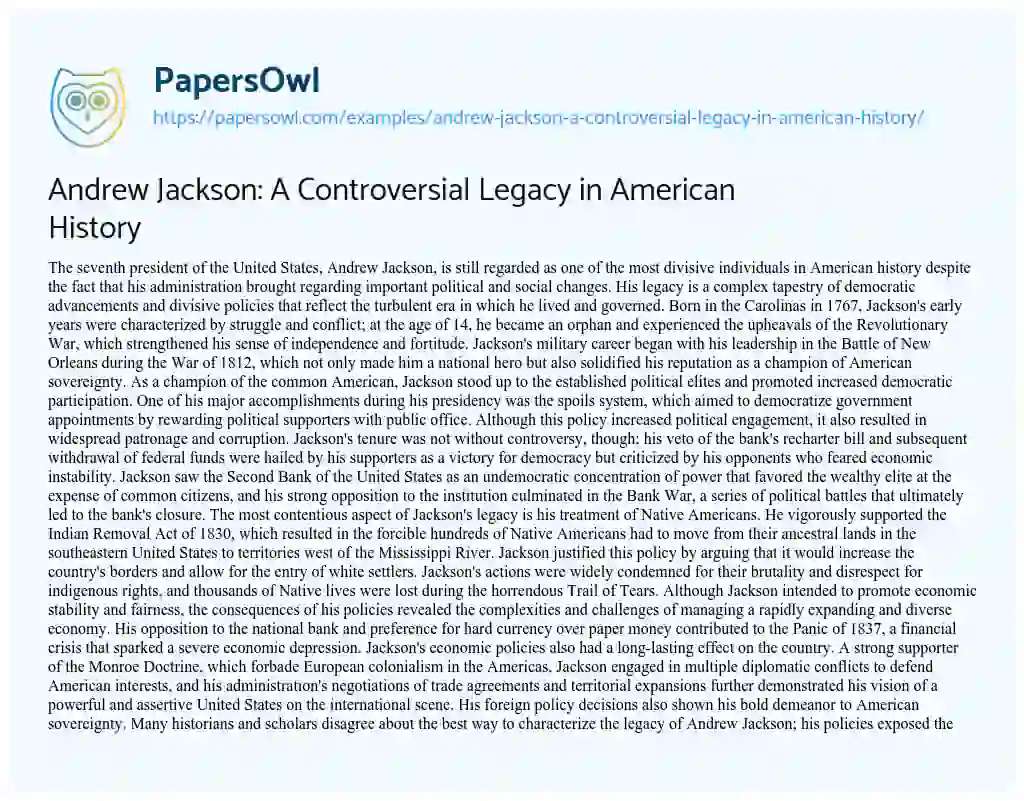 Essay on Andrew Jackson: a Controversial Legacy in American History