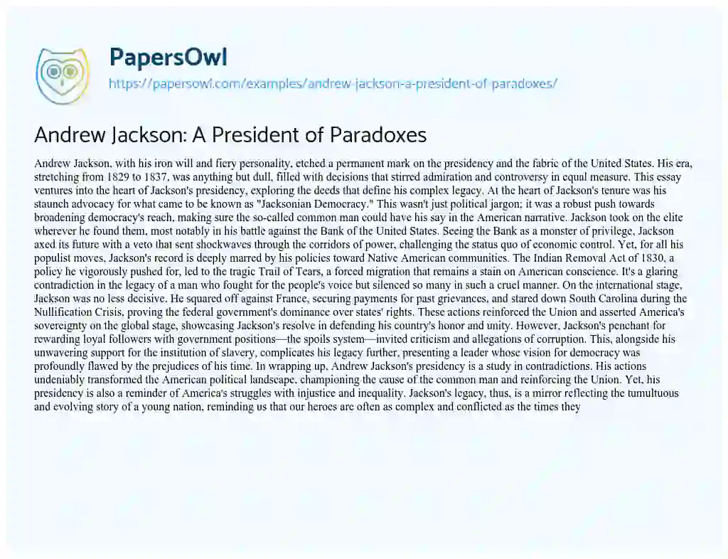Essay on Andrew Jackson: a President of Paradoxes
