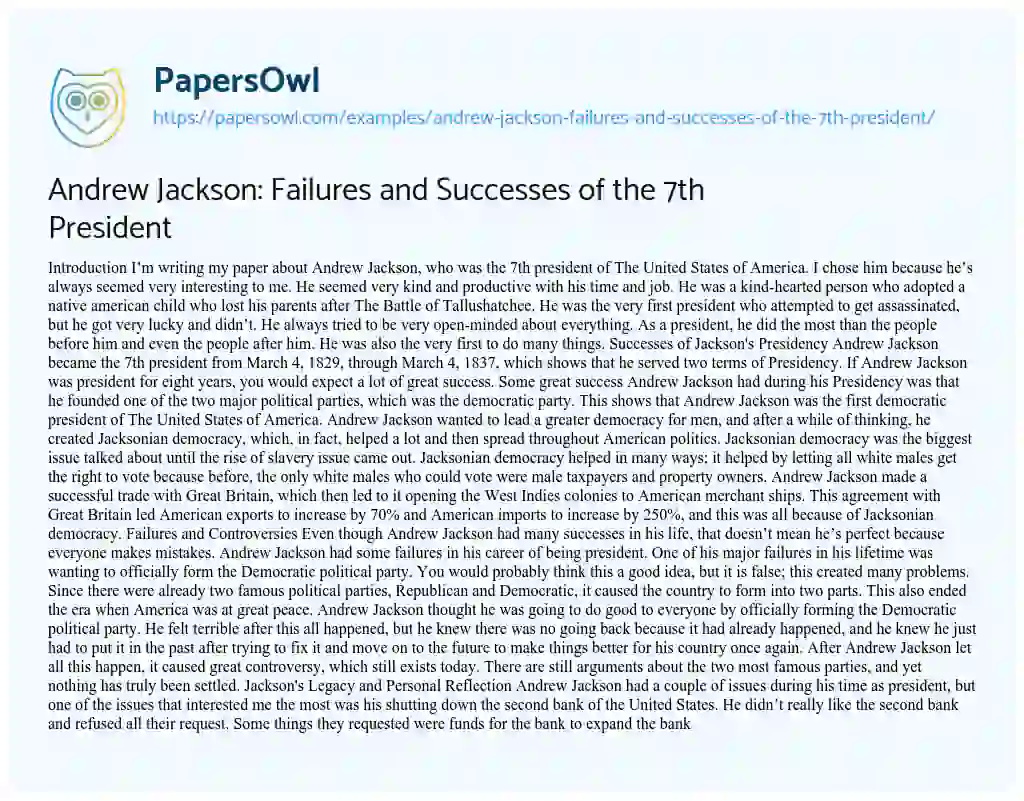 Essay on Andrew Jackson: Failures and Successes of the 7th President