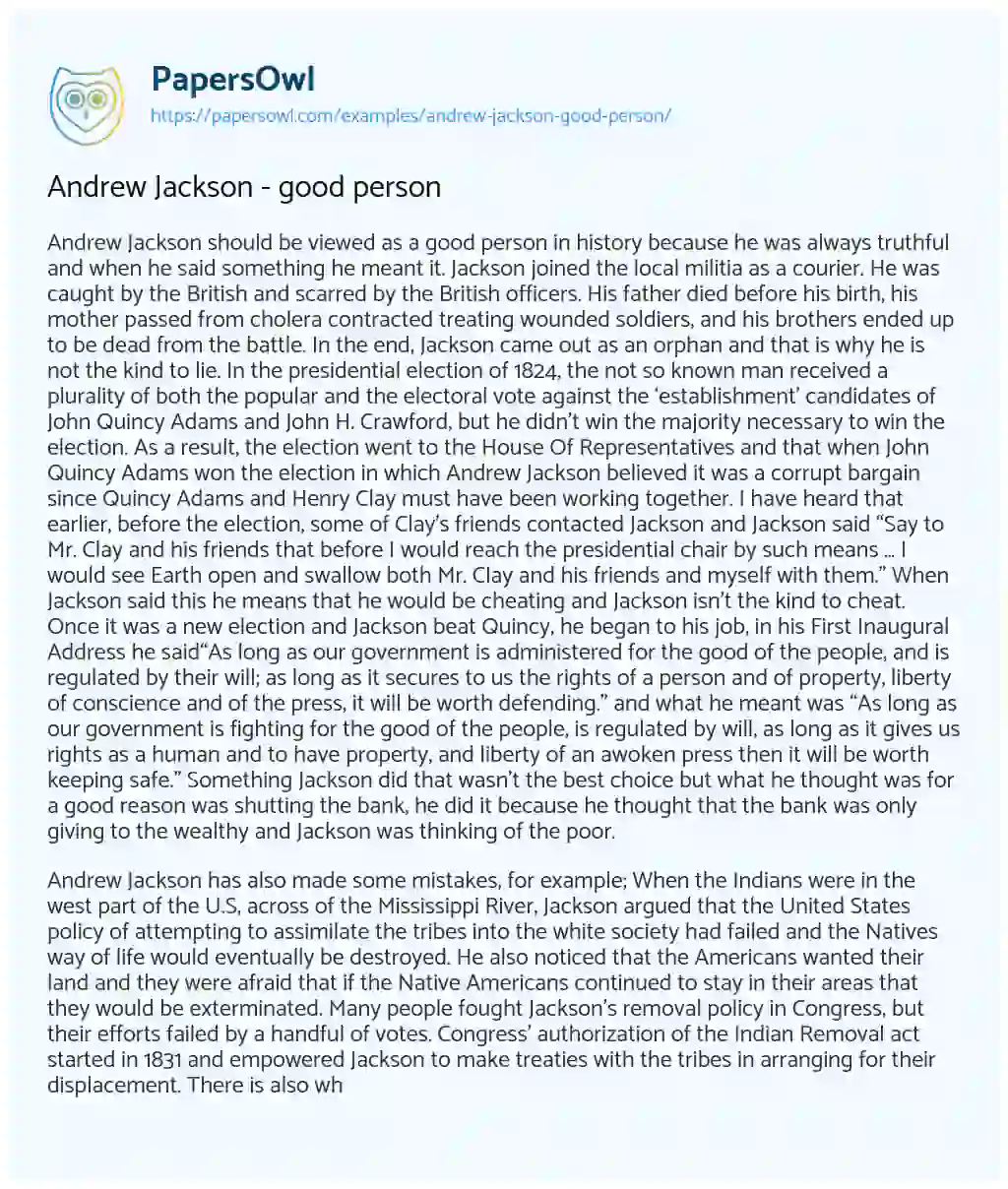 Essay on Andrew Jackson – Good Person