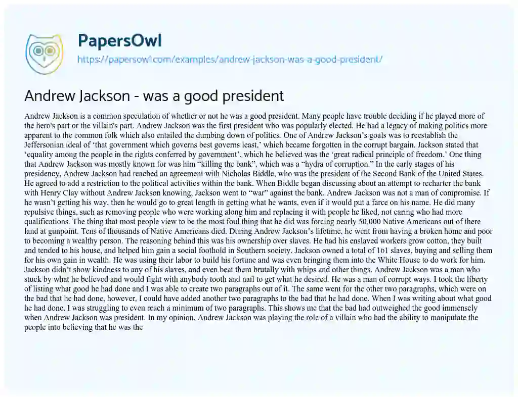 Essay on Andrew Jackson – was a Good President