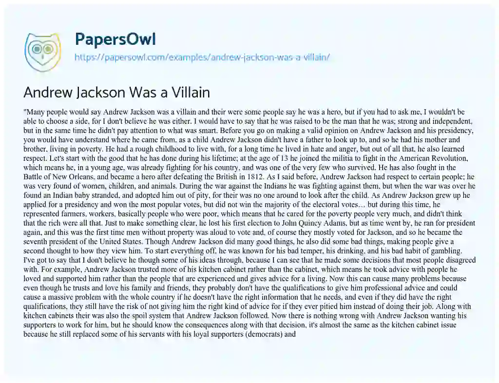 Essay on Andrew Jackson was a Villain