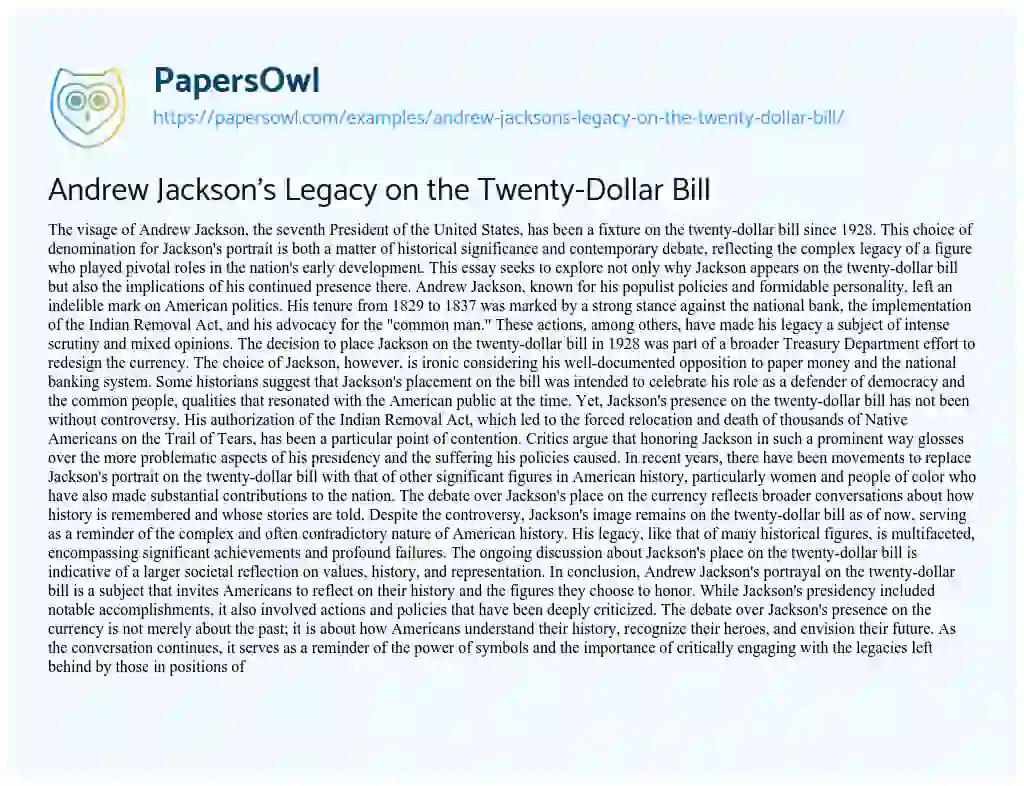 Essay on Andrew Jackson’s Legacy on the Twenty-Dollar Bill