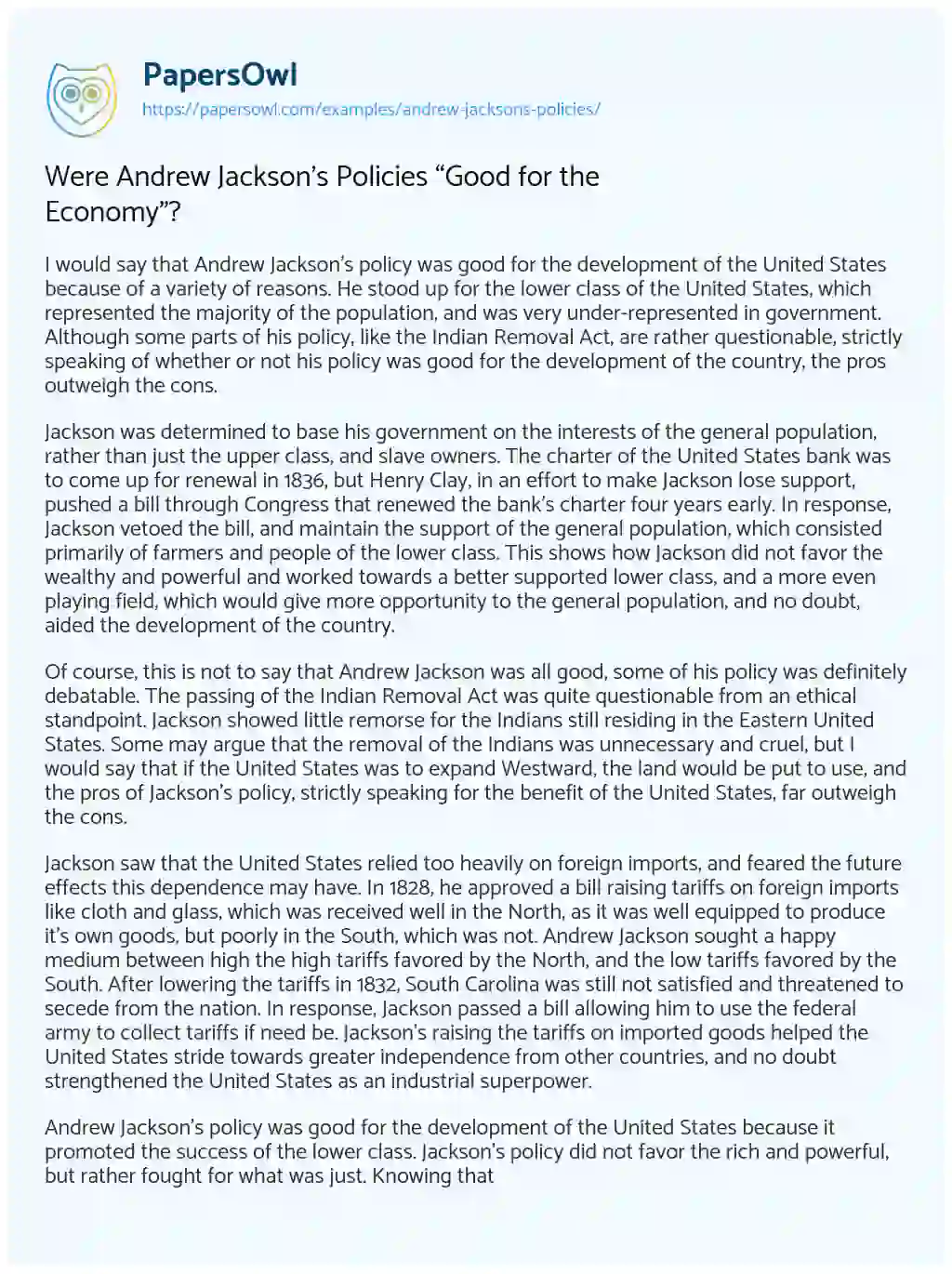 Essay on Were Andrew Jackson’s Policies “Good for the Economy”?