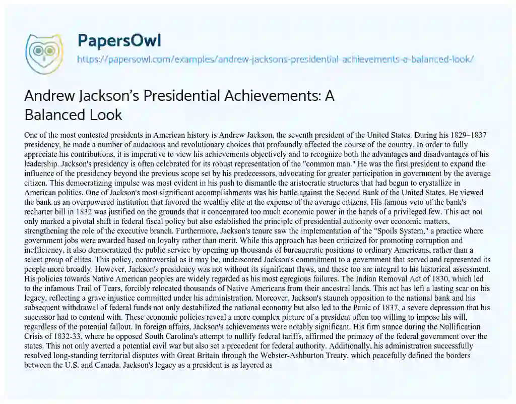 Essay on Andrew Jackson’s Presidential Achievements: a Balanced Look