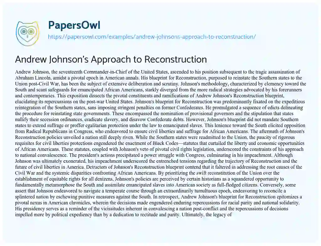 Essay on Andrew Johnson’s Approach to Reconstruction