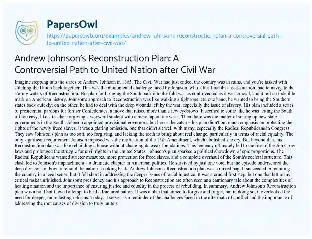 Essay on Andrew Johnson’s Reconstruction Plan: a Controversial Path to United Nation after Civil War