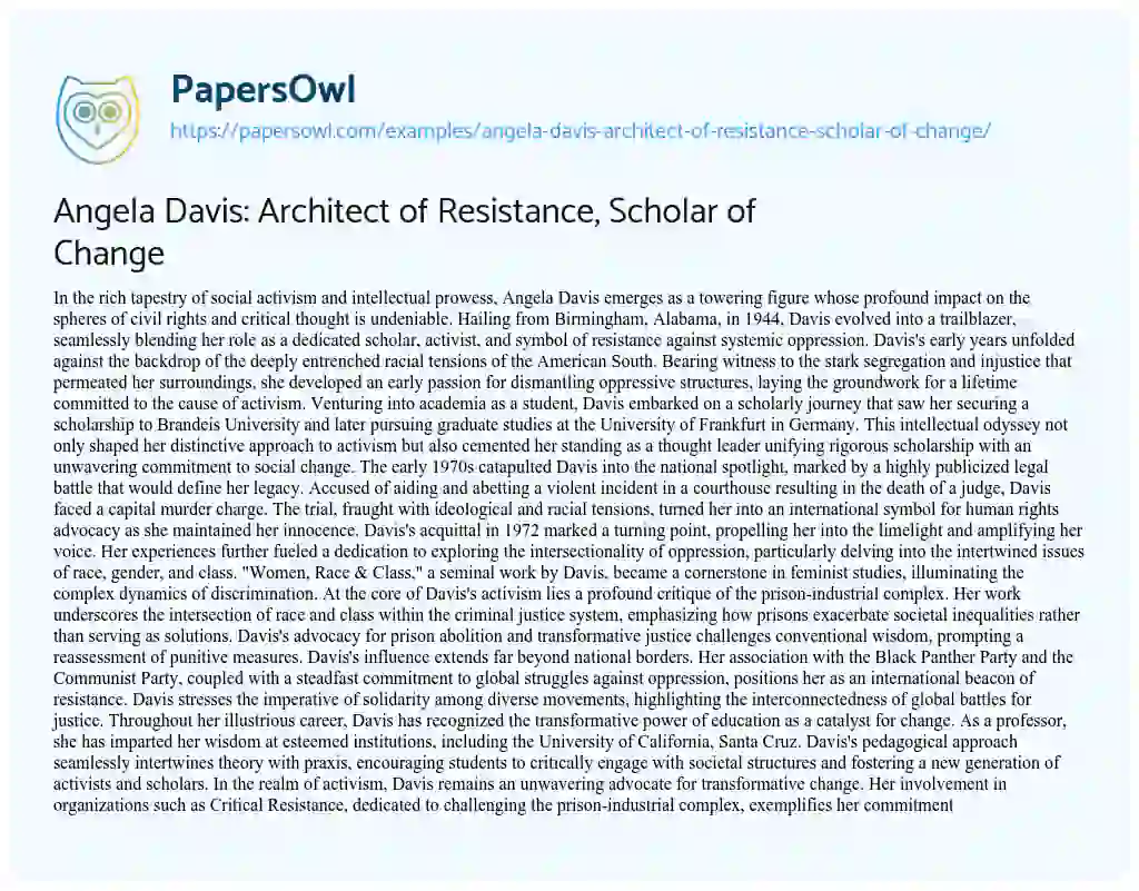 Essay on Angela Davis: Architect of Resistance, Scholar of Change