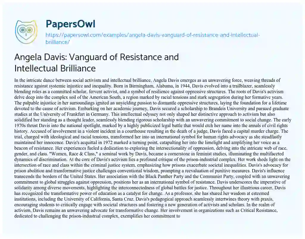 Essay on Angela Davis: Vanguard of Resistance and Intellectual Brilliance