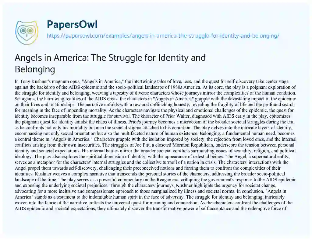Essay on Angels in America: The Struggle for Identity and Belonging