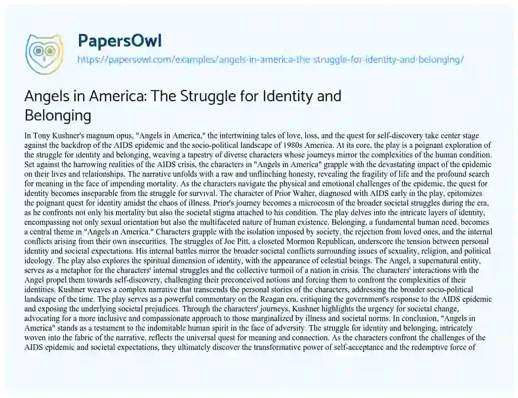 Essay on Angels in America: the Struggle for Identity and Belonging