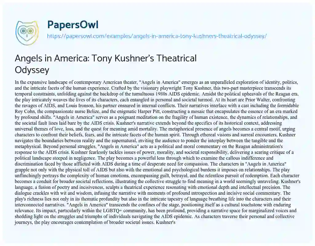Essay on Angels in America: Tony Kushner’s Theatrical Odyssey