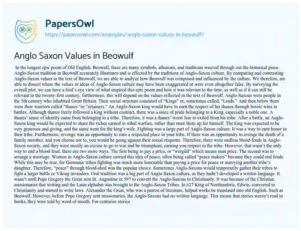 Anglo Saxon Values in Beowulf essay