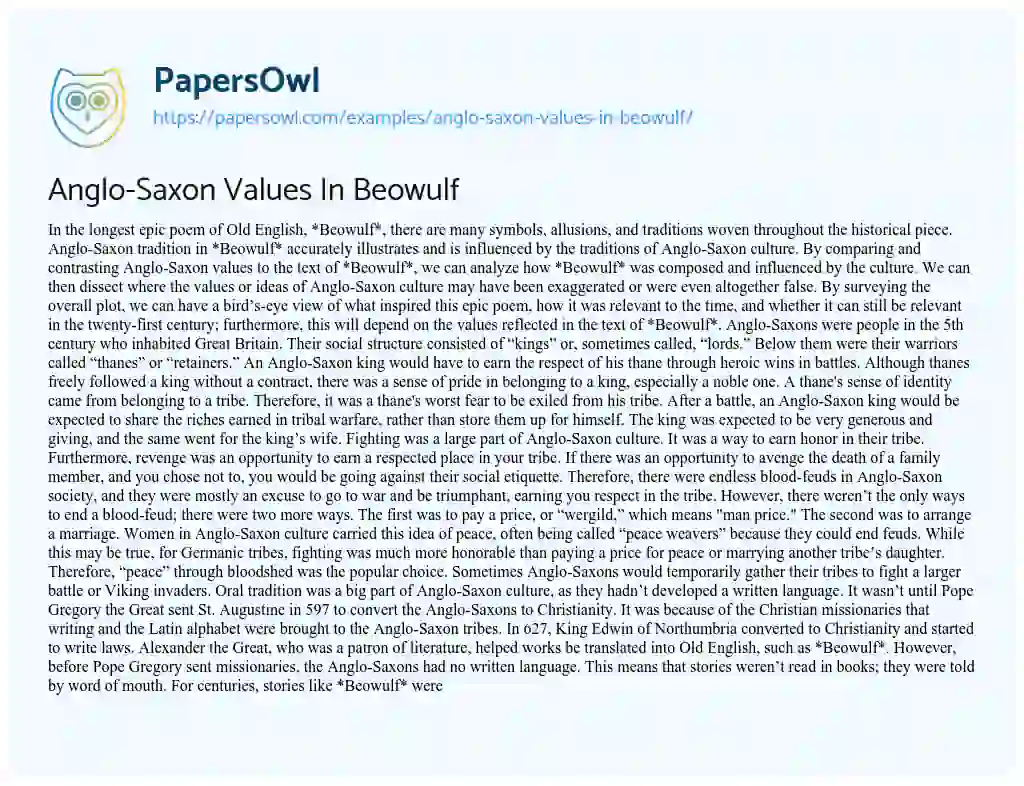 Essay on Anglo Saxon Values in Beowulf