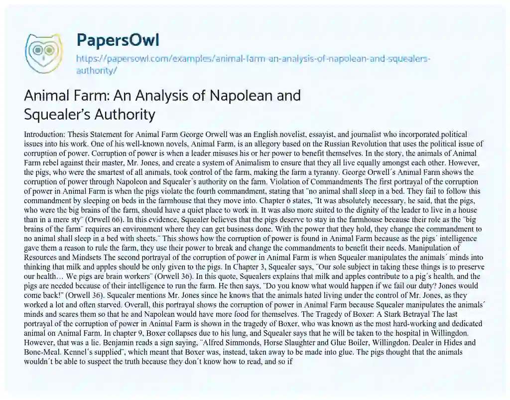 Essay on Animal Farm: an Analysis of Napolean and Squealer’s Authority