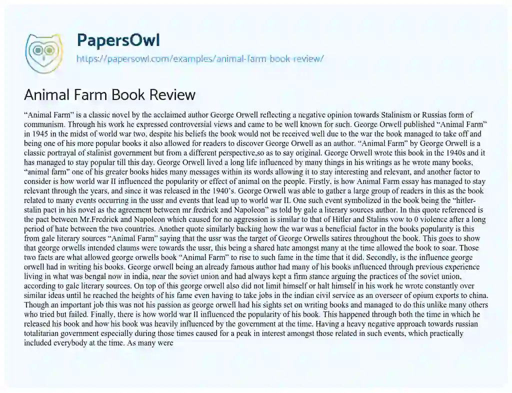 Animal Farm Book Review - Free Essay Example - 844 Words 