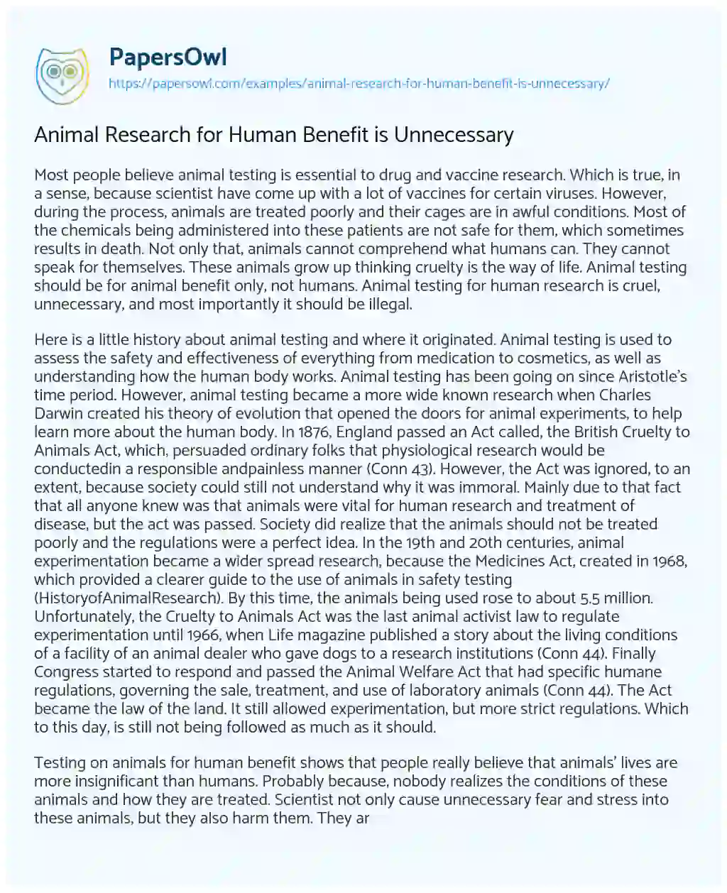 Essay on Animal Research for Human Benefit is Unnecessary