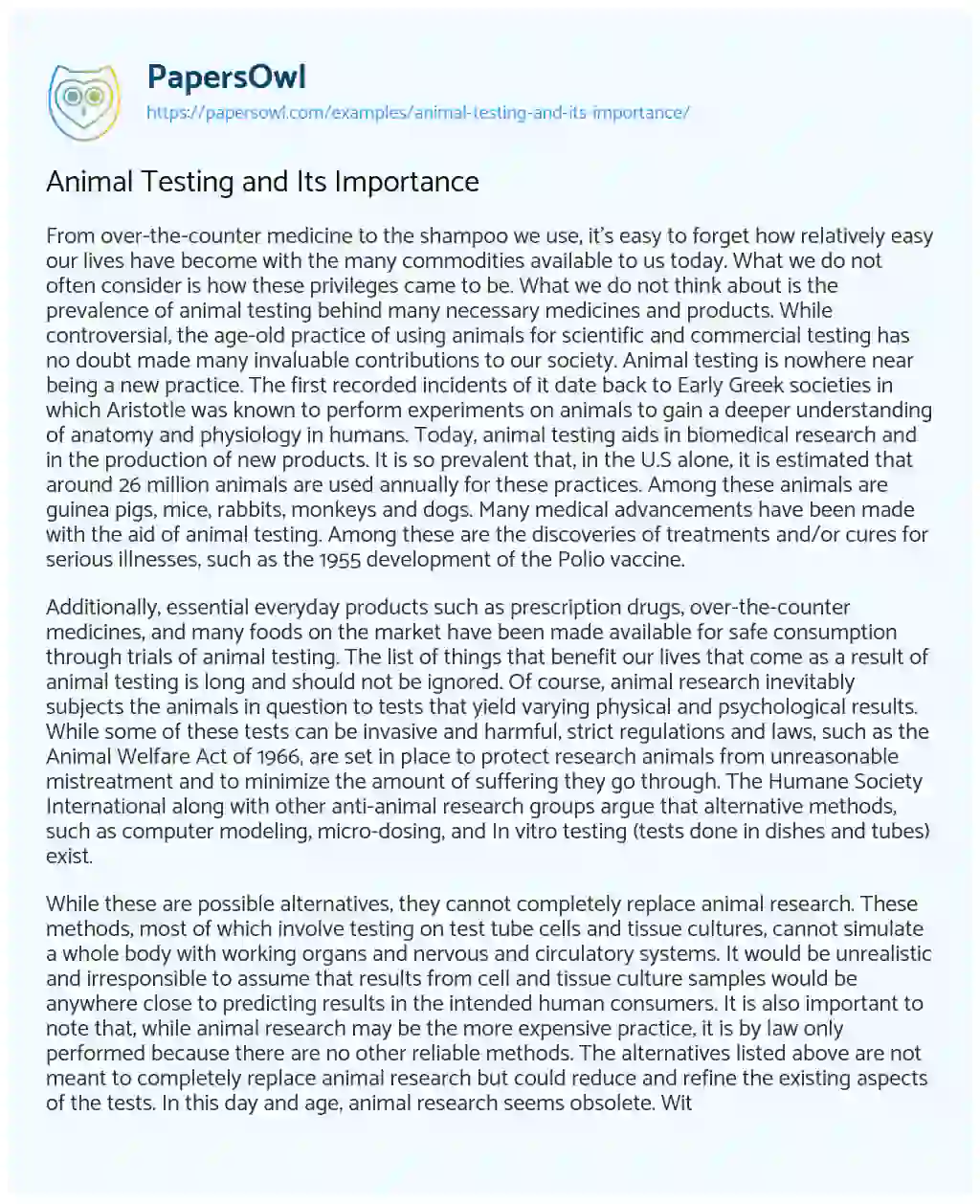 Essay on Animal Testing and its Importance
