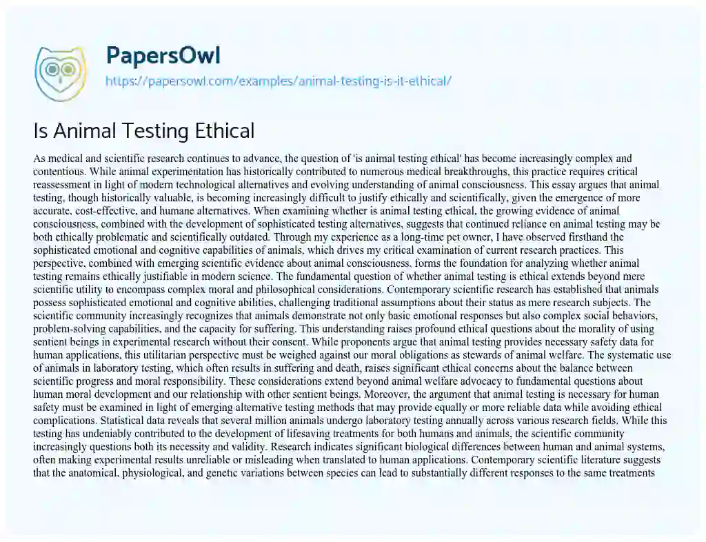 Essay on Animal Testing: is it Ethical?