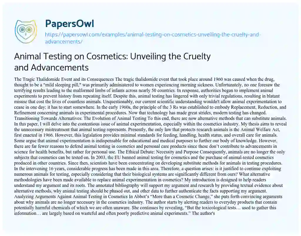 Essay on Animal Testing on Cosmetics: Unveiling the Cruelty and Advancements