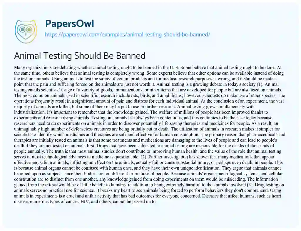 Essay on Animal Testing should be Banned