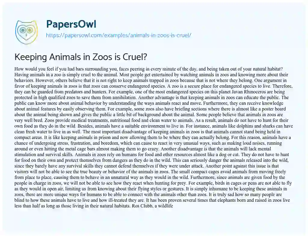 Essay on Keeping Animals in Zoos is Cruel?