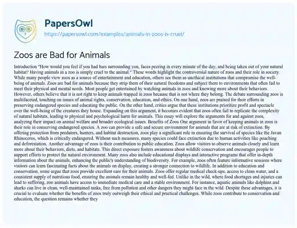 Essay on Keeping Animals in Zoos is Cruel?