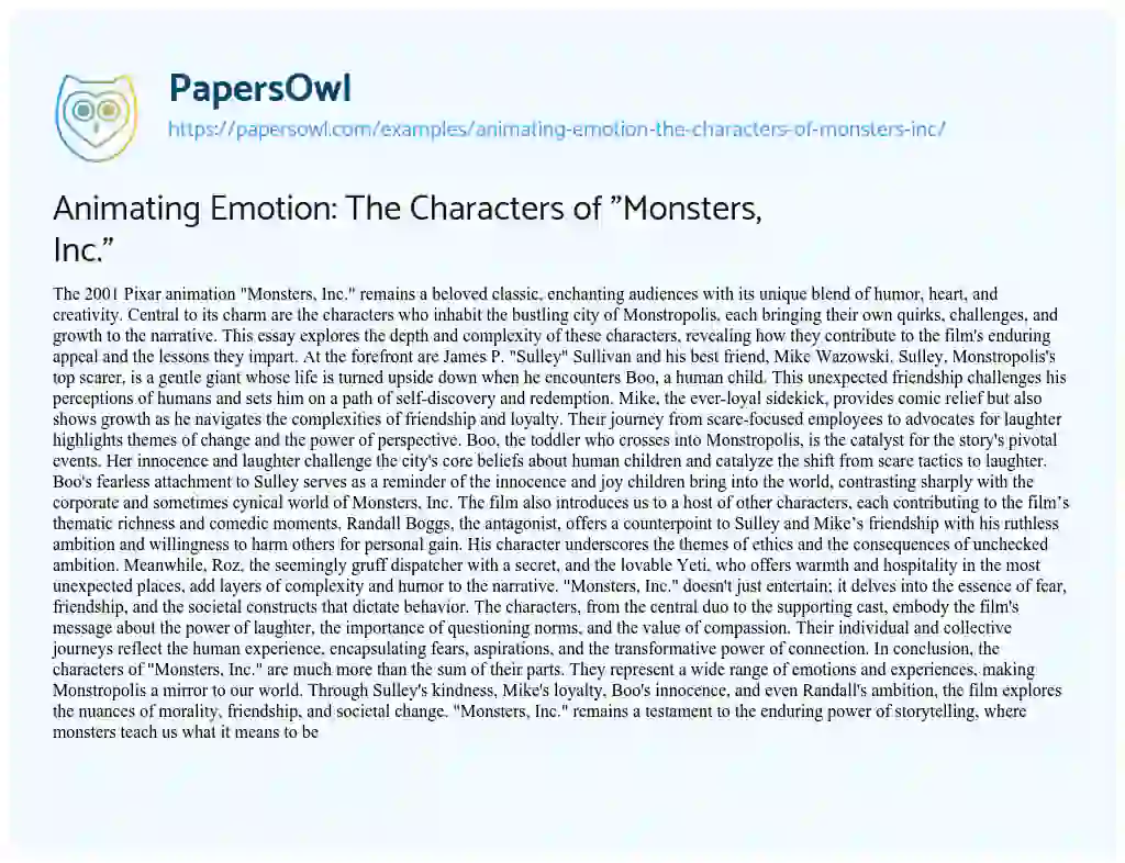 Essay on Animating Emotion: the Characters of “Monsters, Inc.”
