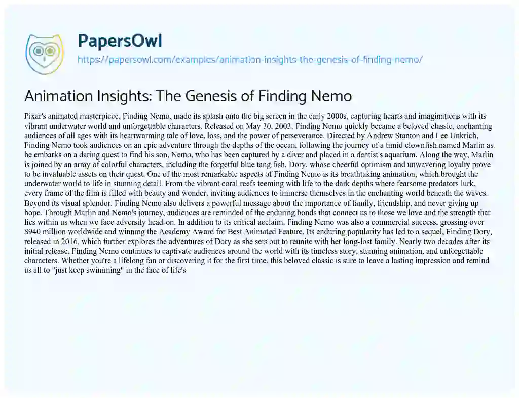 Essay on Animation Insights: the Genesis of Finding Nemo
