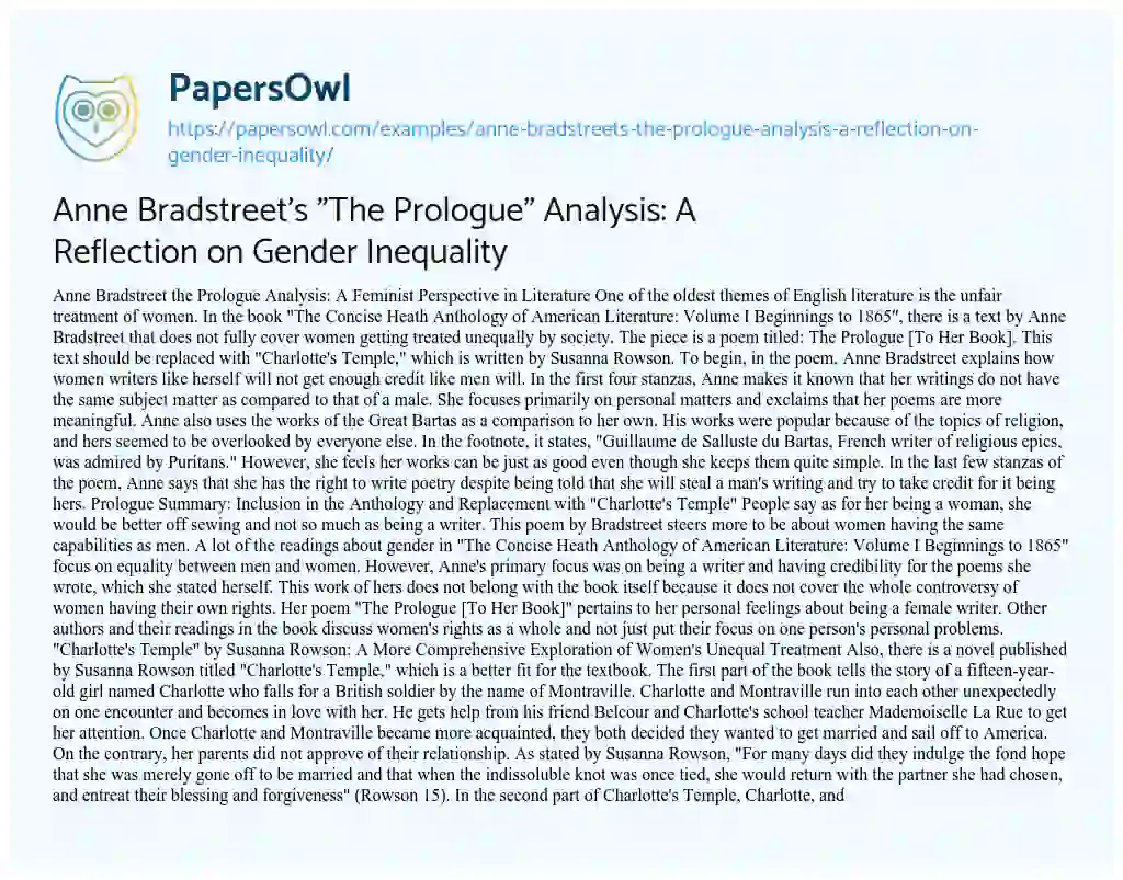 Essay on Anne Bradstreet’s “The Prologue” Analysis: a Reflection on Gender Inequality