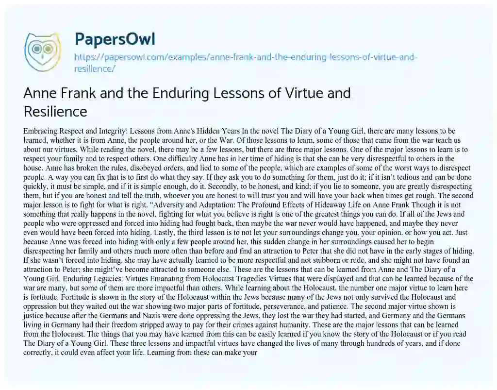 Essay on Anne Frank and the Enduring Lessons of Virtue and Resilience