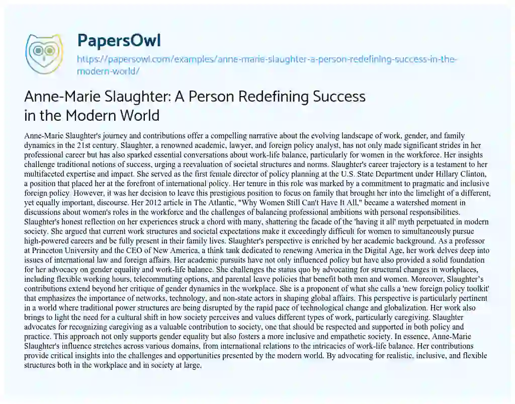 Essay on Anne-Marie Slaughter: a Person Redefining Success in the Modern World