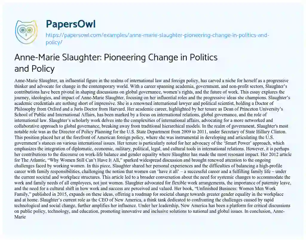 Essay on Anne-Marie Slaughter: Pioneering Change in Politics and Policy