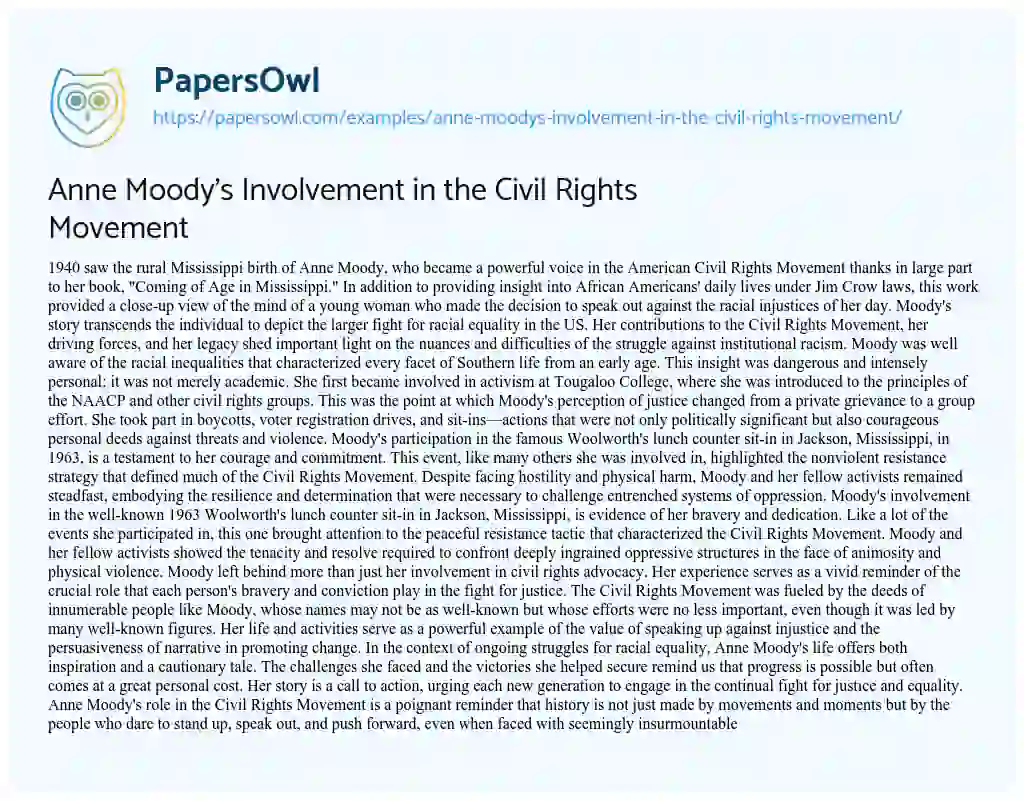 Essay on Anne Moody’s Involvement in the Civil Rights Movement
