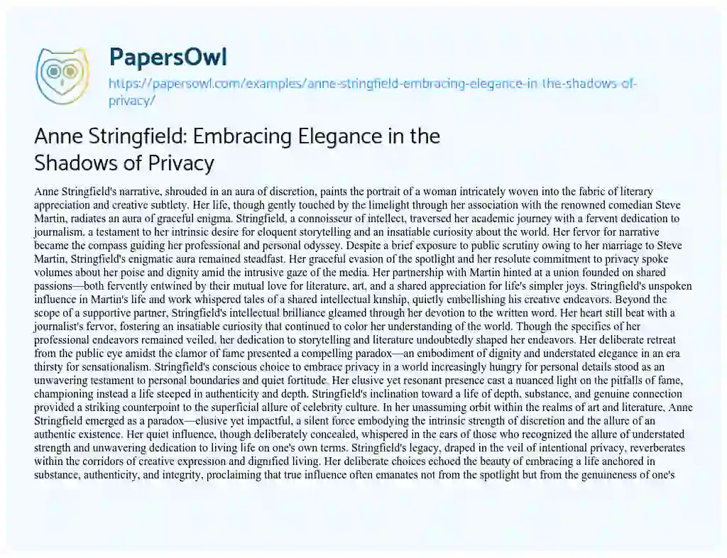 Essay on Anne Stringfield: Embracing Elegance in the Shadows of Privacy