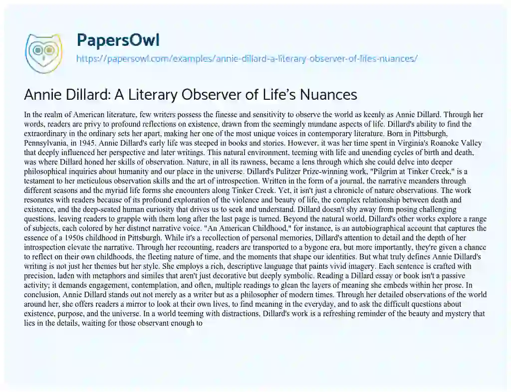 Essay on Annie Dillard: a Literary Observer of Life’s Nuances