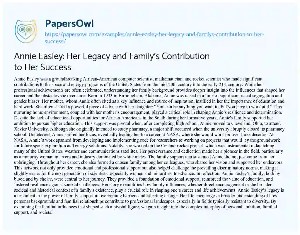 Essay on Annie Easley: her Legacy and Family’s Contribution to her Success