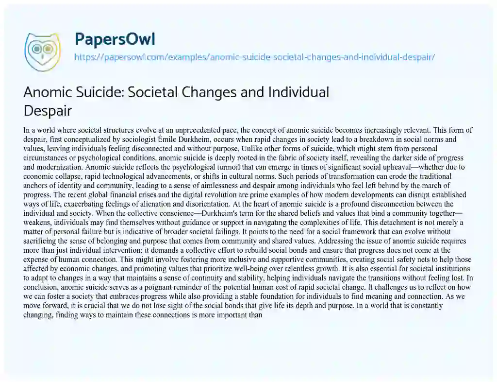 Essay on Anomic Suicide: Societal Changes and Individual Despair