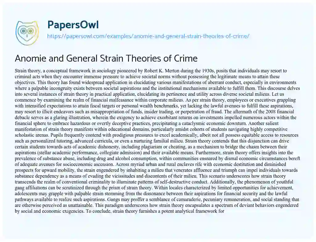 Essay on Anomie and General Strain Theories of Crime