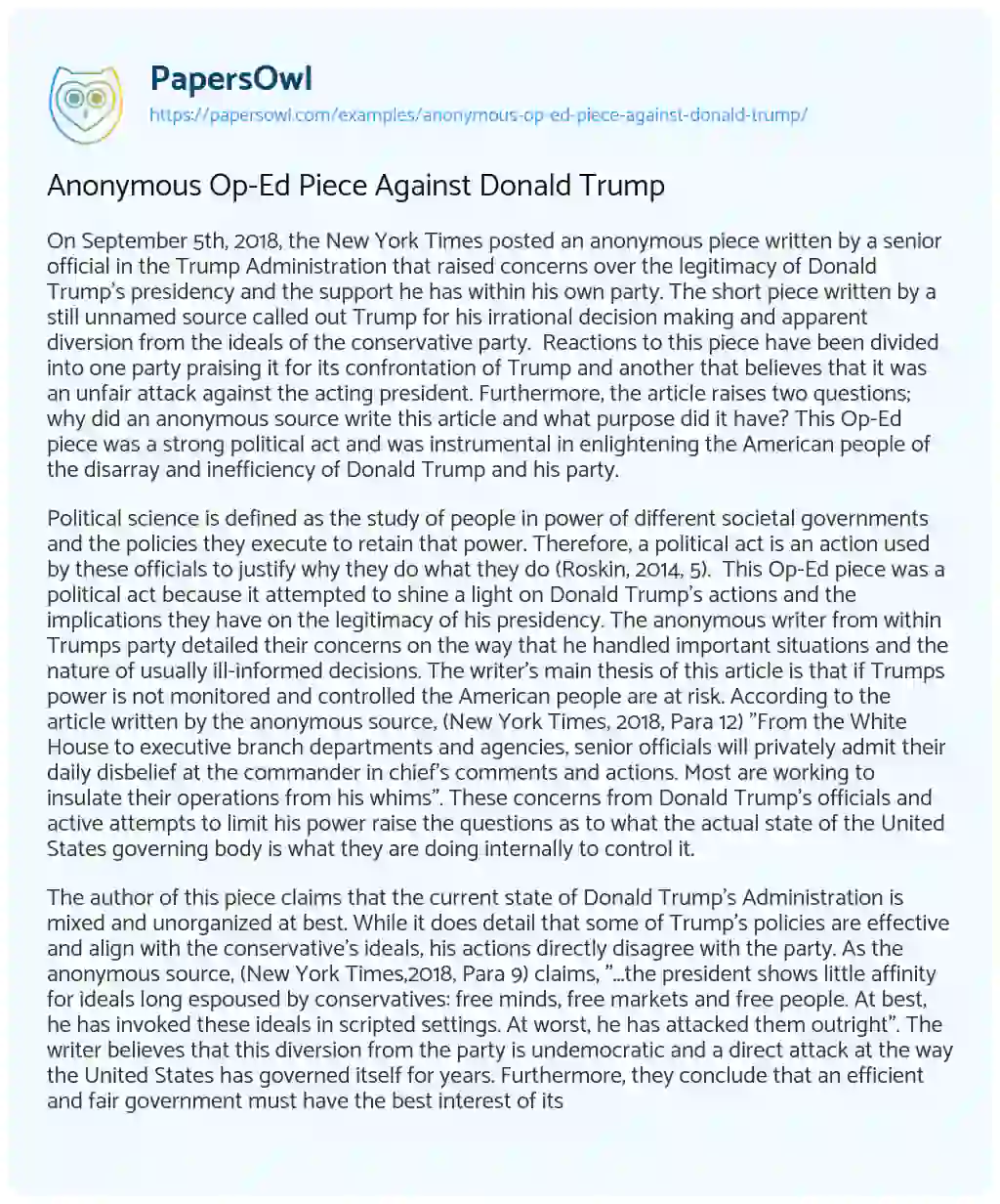 Essay on Anonymous Op-Ed Piece against Donald Trump