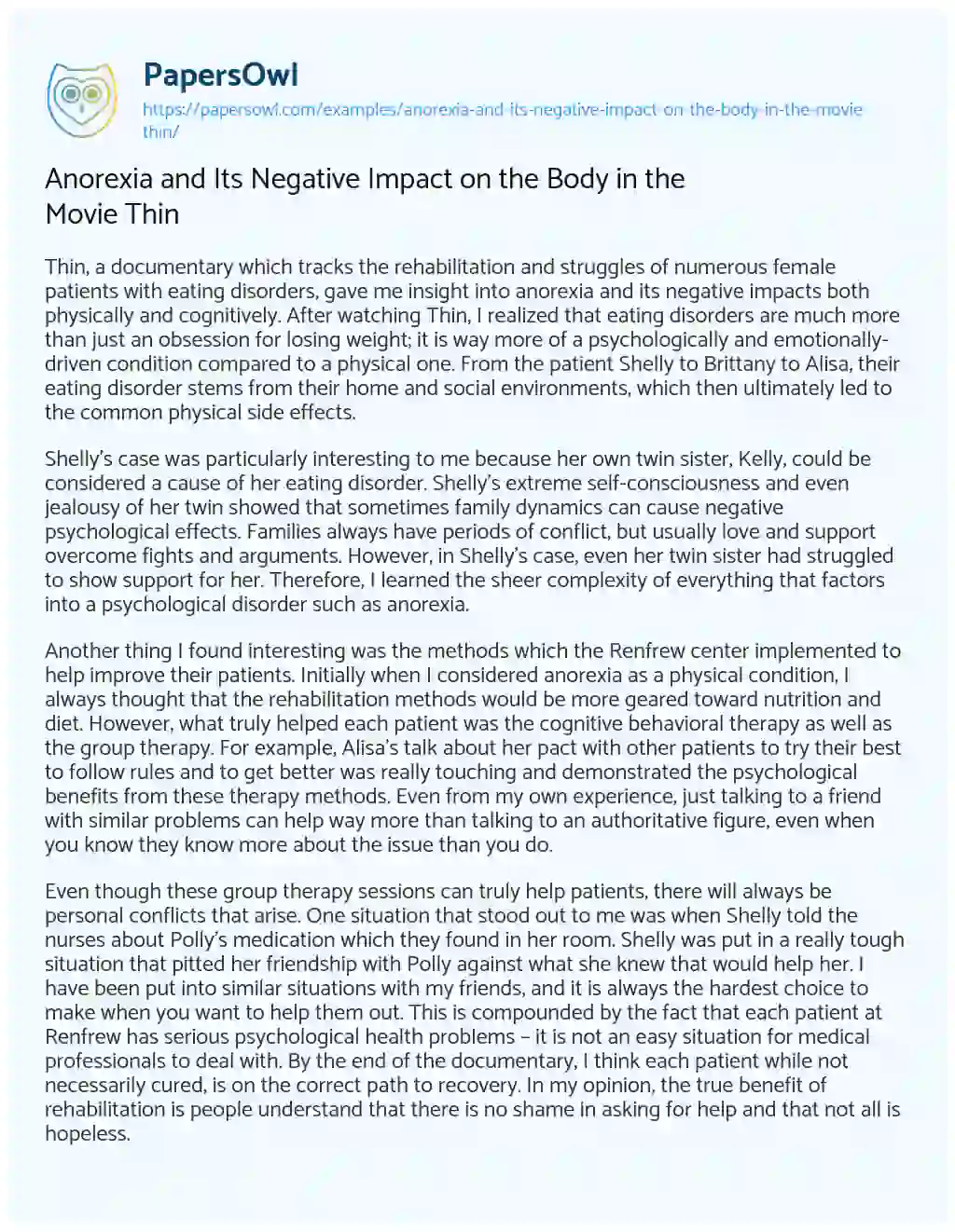 Essay on Anorexia and its Negative Impact on the Body in the Movie Thin
