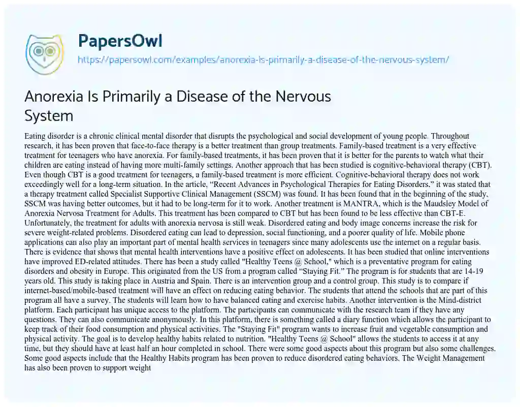 Essay on Anorexia is Primarily a Disease of the Nervous System