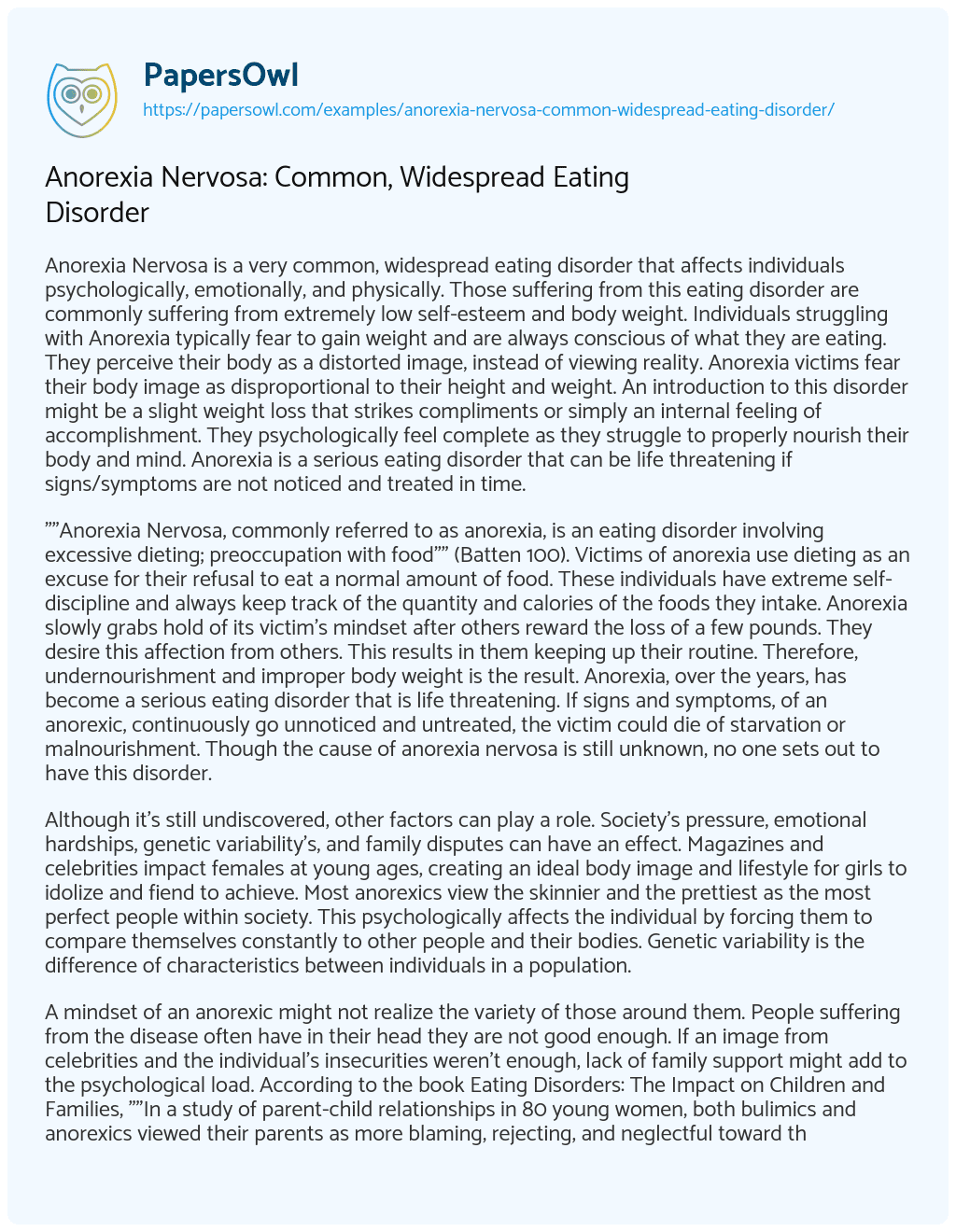 Essay on Anorexia Nervosa: Common, Widespread Eating Disorder