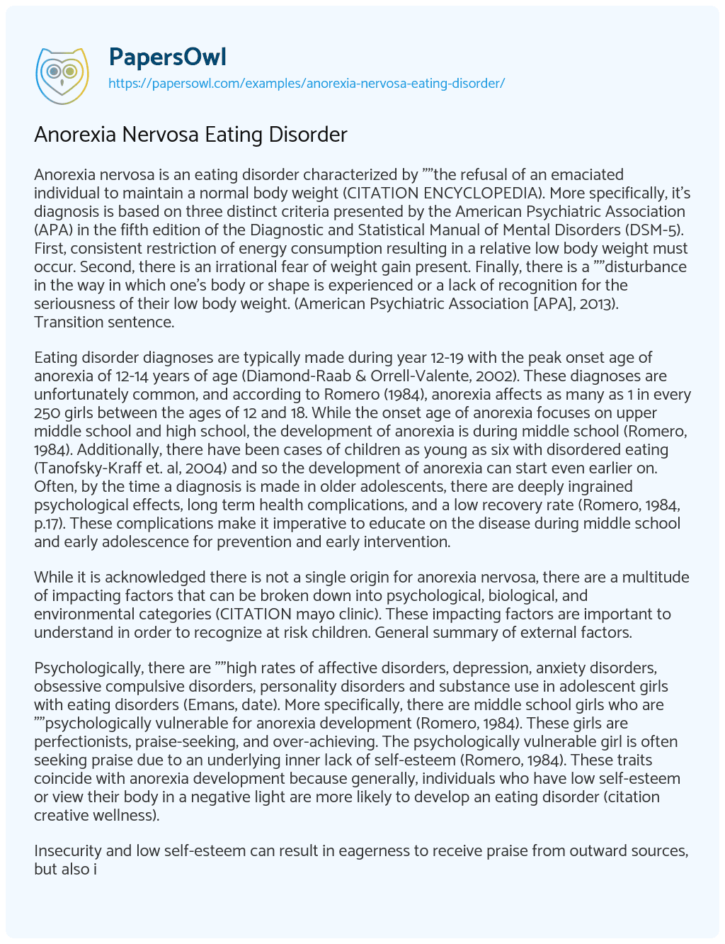 Essay on Anorexia Nervosa Eating Disorder