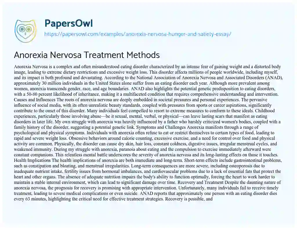 Essay on Anorexia Nervosa: Hunger and Satiety