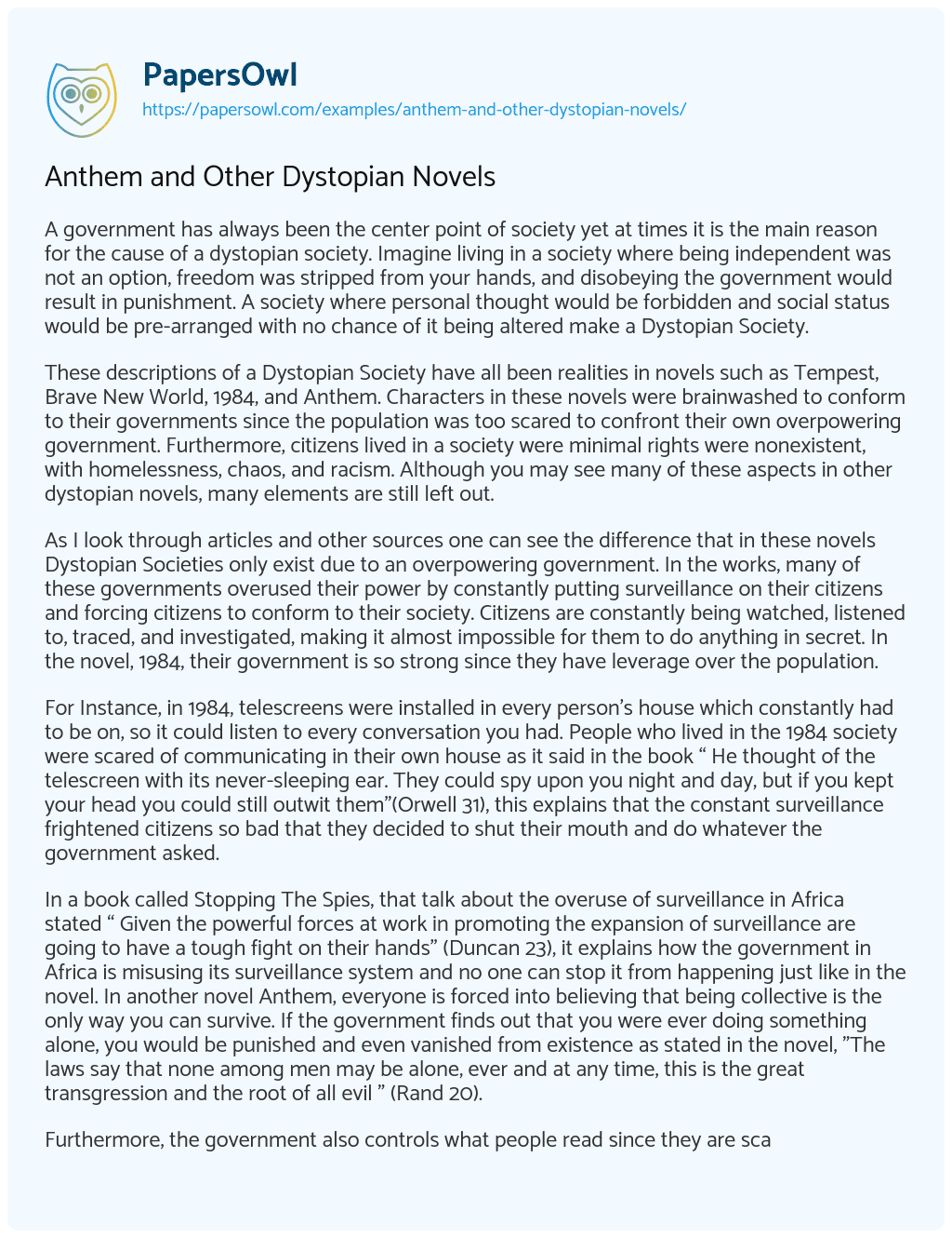 Essay on Anthem and other Dystopian Novels